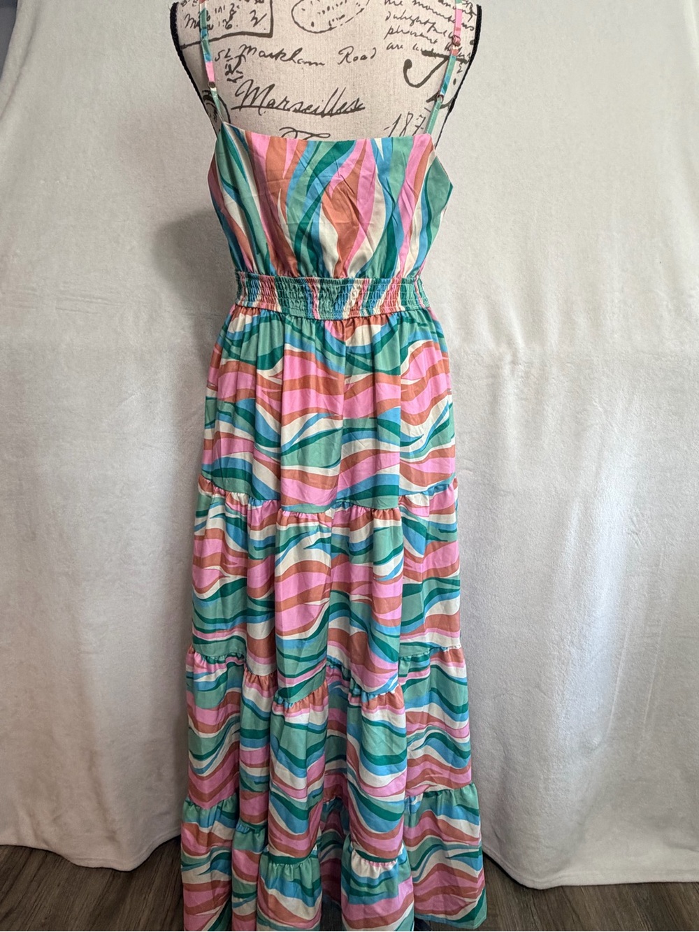 Grace and Emma Boutique Wavy Stripe Pink & Teal Maxi Dress with Front Tie - Picture 5 of 10